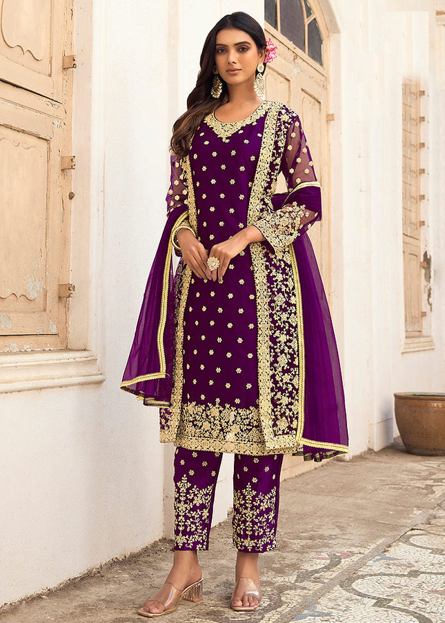 Purple and Gold Embroidered Jacket Style Suit