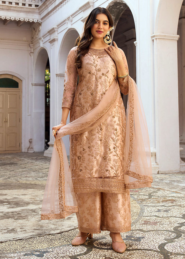 Beige and Gold Embroidered Pant Style Suit