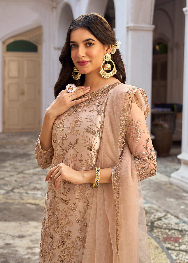 Beige and Gold Embroidered Pant Style Suit
