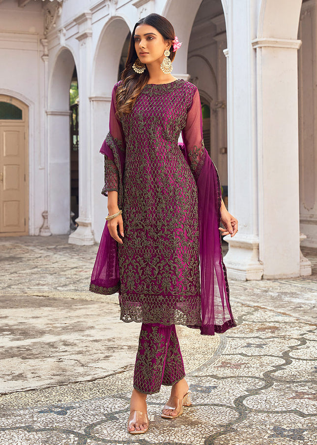 Purple and Gold Embroidered Pant Style Suit