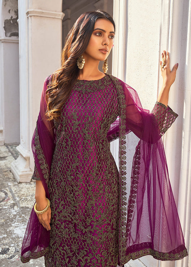 Purple and Gold Embroidered Pant Style Suit