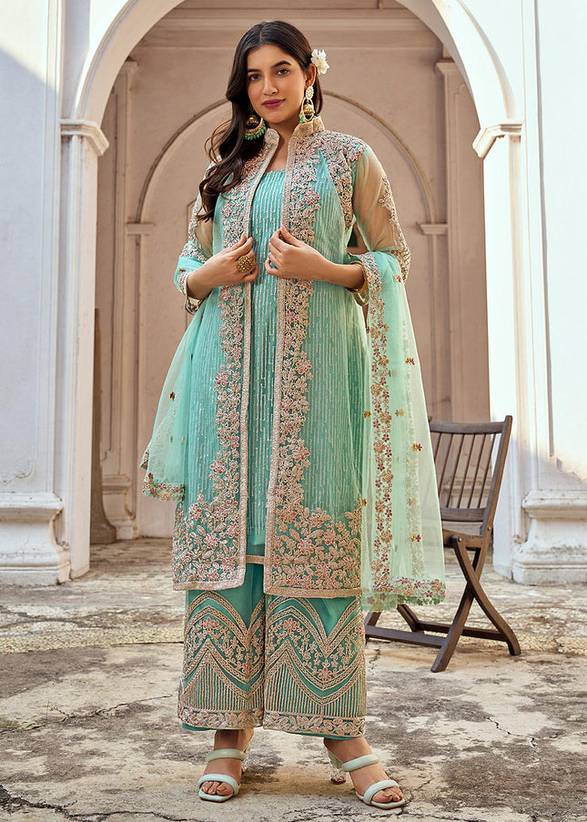 Mint and Gold Embroidered Pant Style Suit