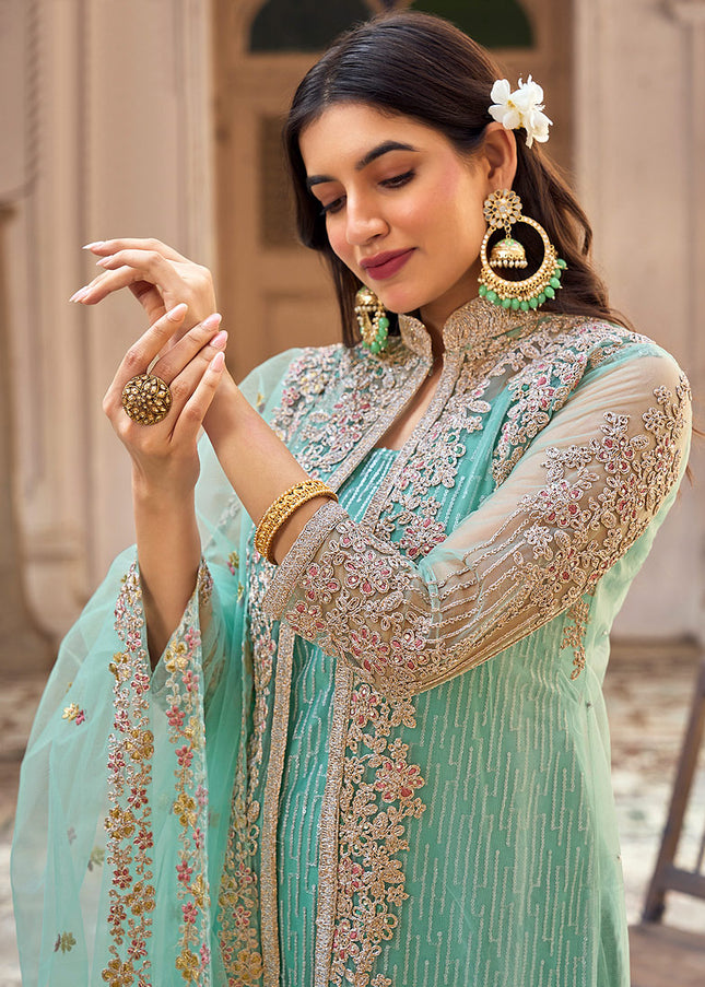Mint and Gold Embroidered Pant Style Suit