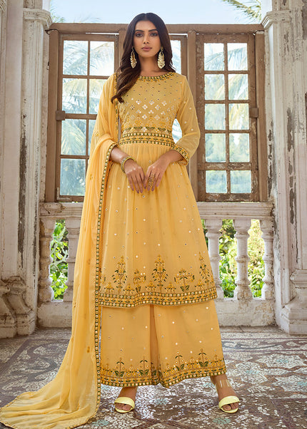 Yellow and Gold Embroidered Palazzo Suit