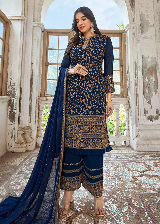 Blue and Gold Embroidered Palazzo Suit