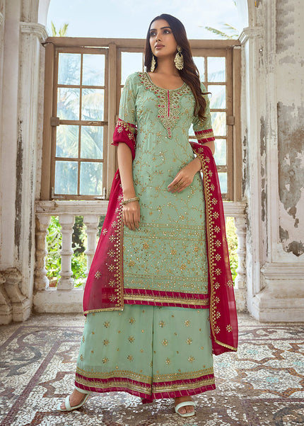 Green and Pink Embroidered Palazzo Suit