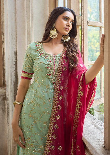 Green and Pink Embroidered Palazzo Suit