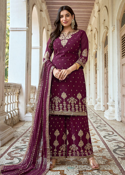 Magenta and Gold Embroidered Palazzo Suit