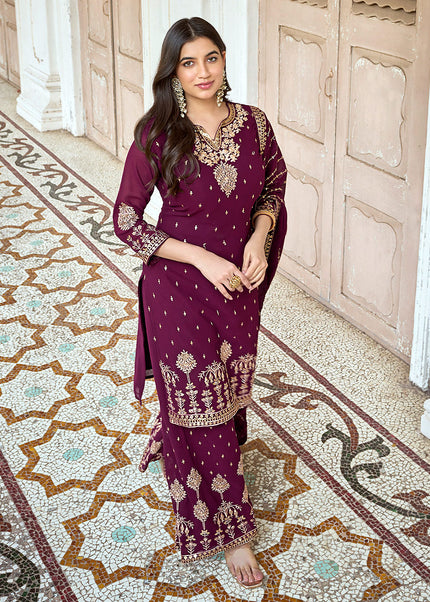 Magenta and Gold Embroidered Palazzo Suit