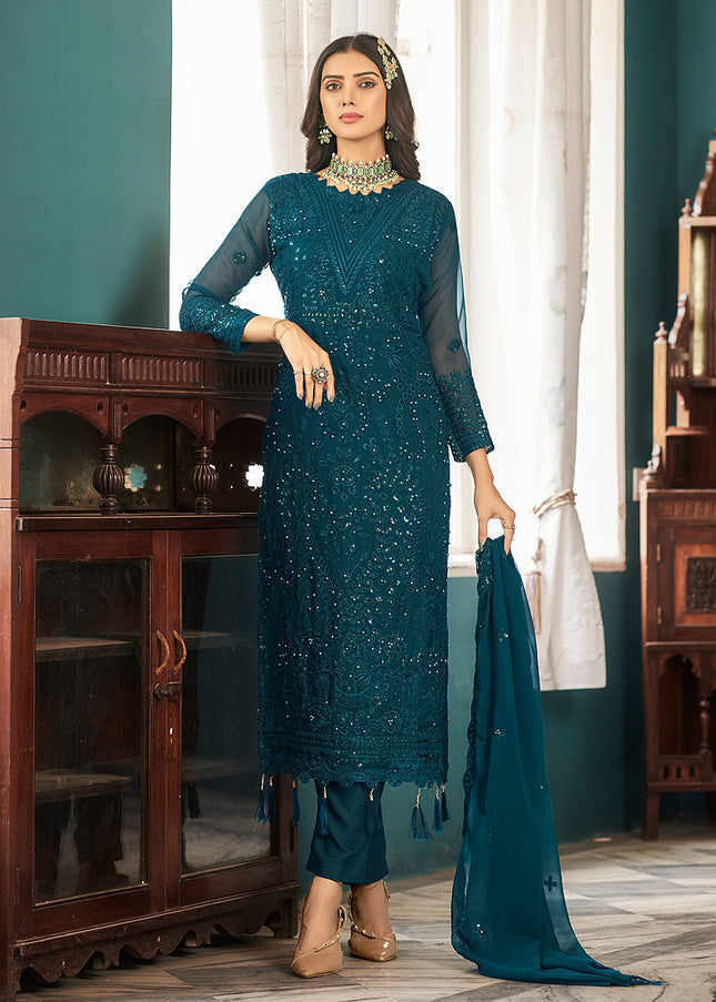 Teal Green Embroidered Pant Style Suit