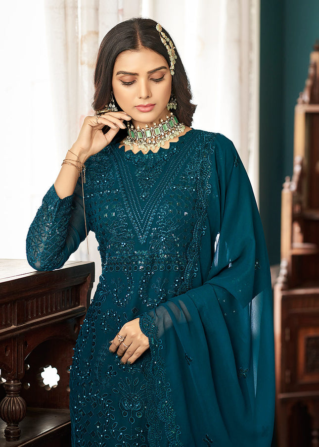 Teal Green Embroidered Pant Style Suit