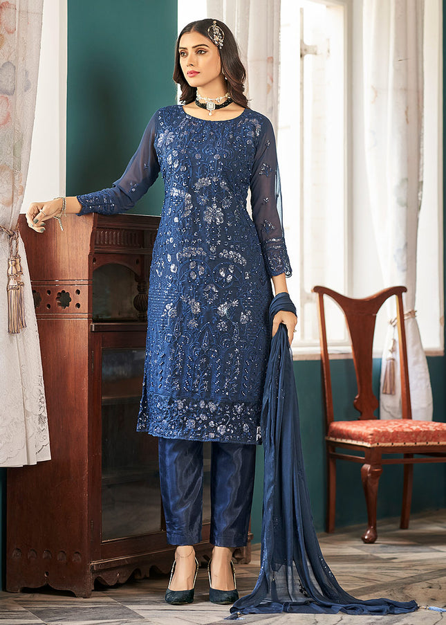 Blue Embroidered Pant Style Suit