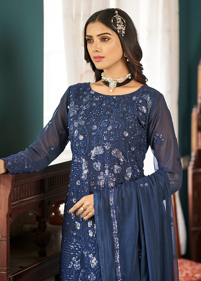 Blue Embroidered Pant Style Suit