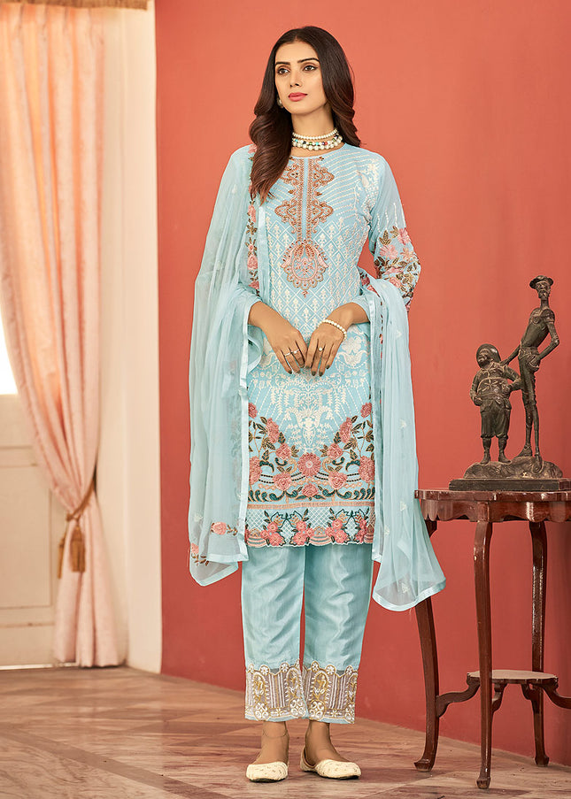 Sky Blue Embroidered Pant Style Suit