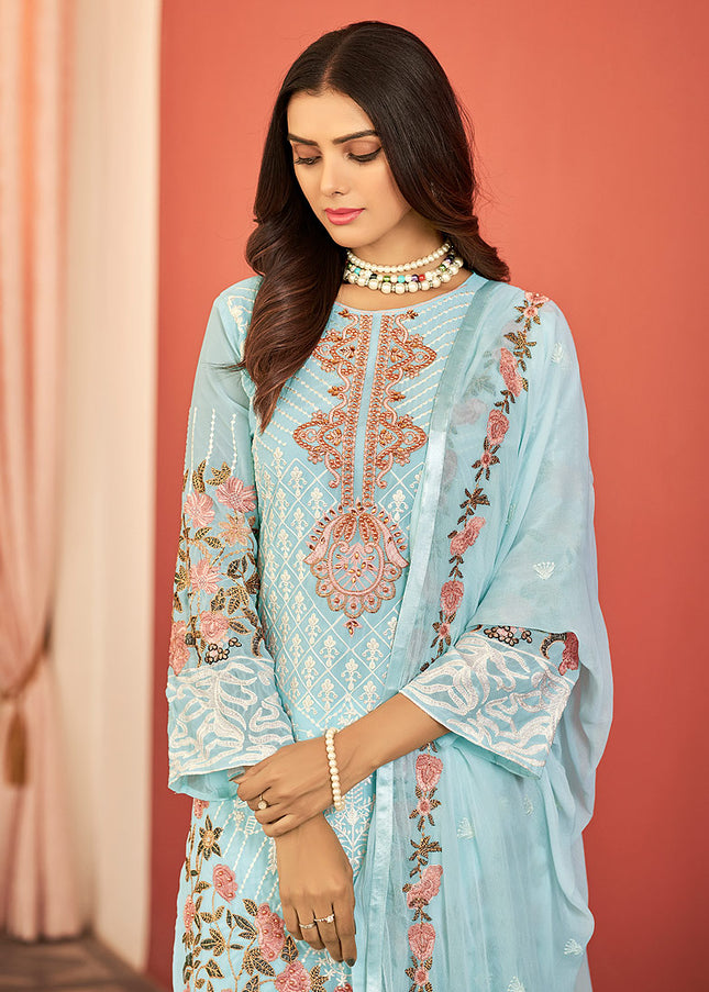 Sky Blue Embroidered Pant Style Suit