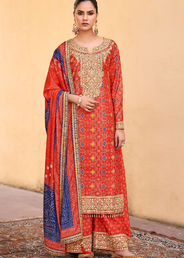 Rust Embroidered Palazzo Suit