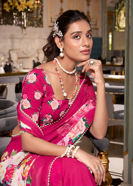 Pink Floral Printed Saree