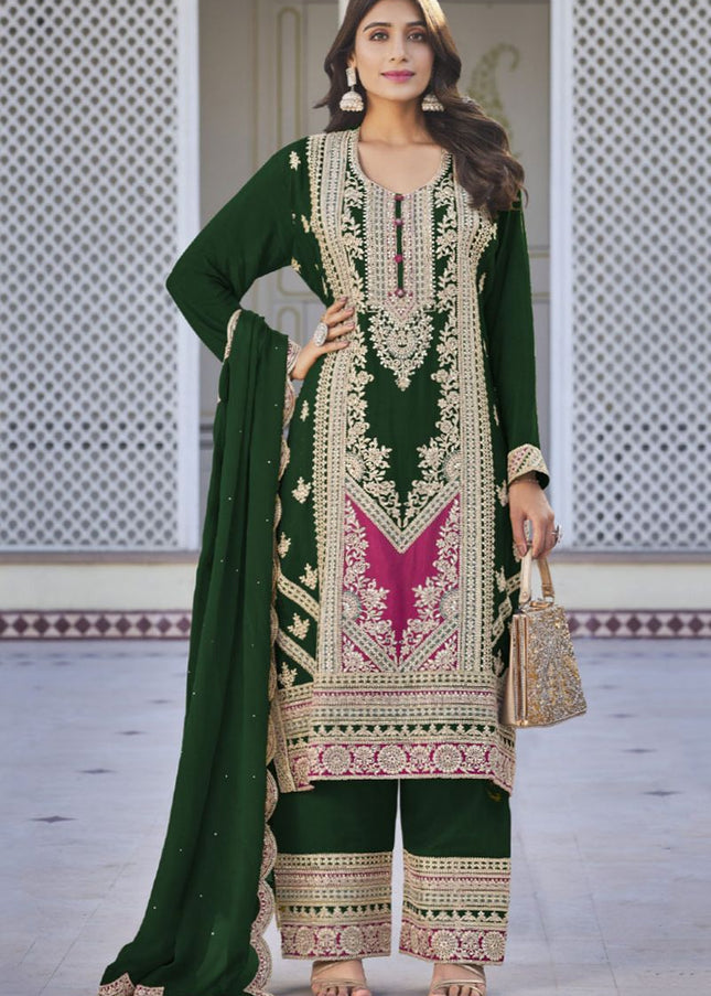 Dark Green Multi Embroidered Pant Suit