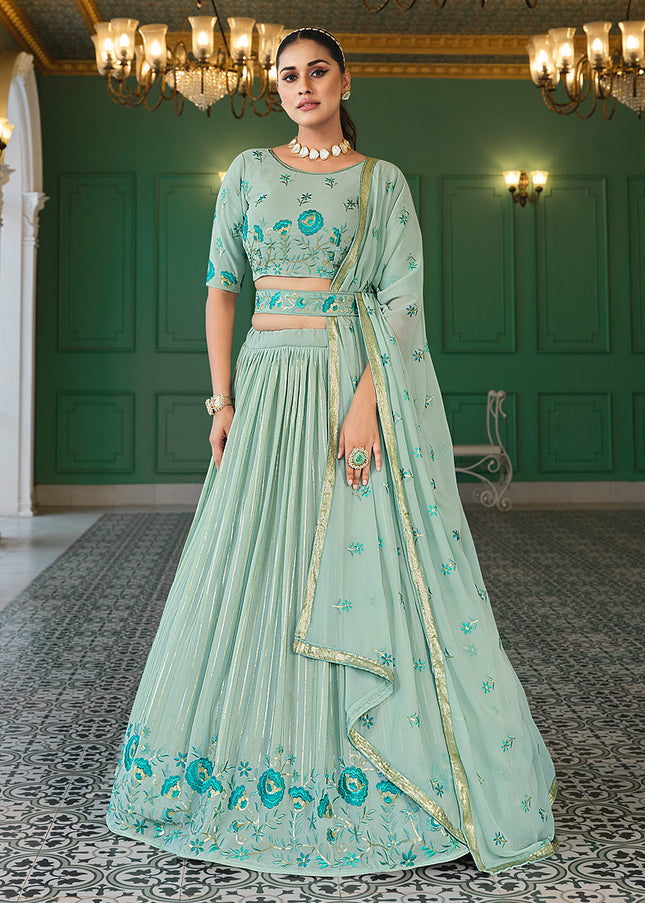 Pista Green Floral Embroidered Lehenga