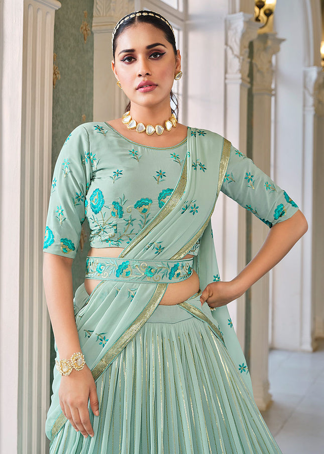 Pista Green Floral Embroidered Lehenga