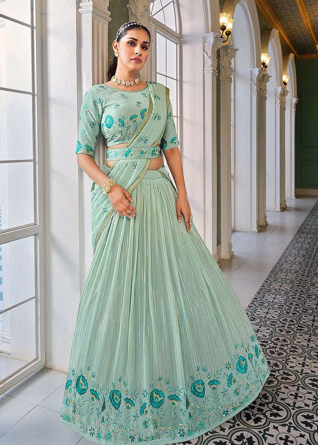 Pista Green Floral Embroidered Lehenga