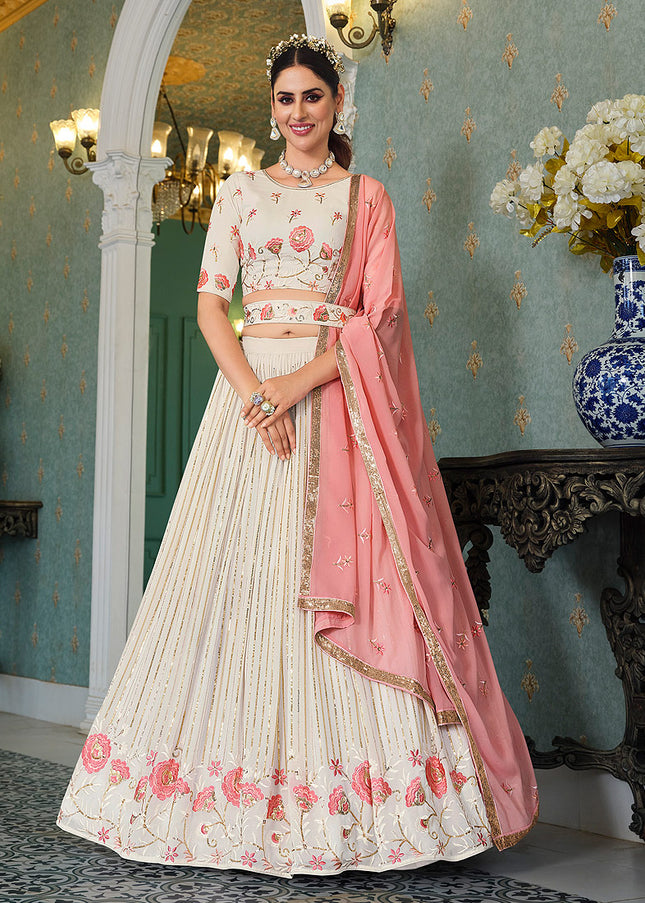 Offwhite and Pink Embroidered Lehenga