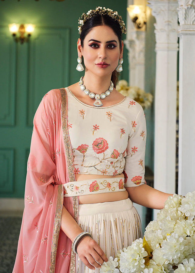 Offwhite and Pink Embroidered Lehenga