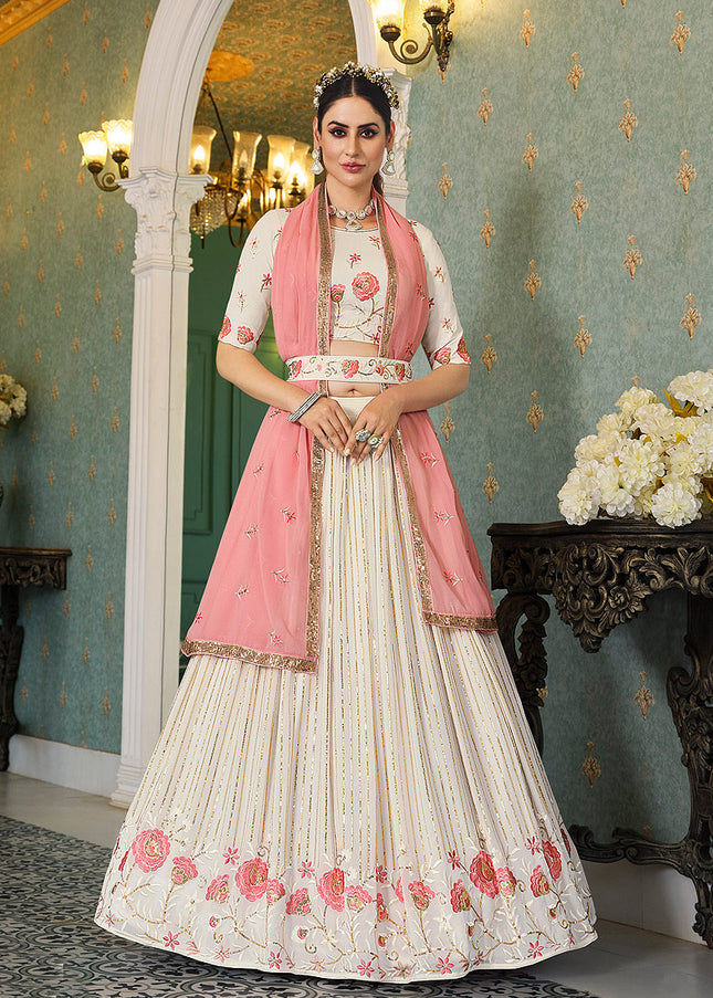Offwhite and Pink Embroidered Lehenga