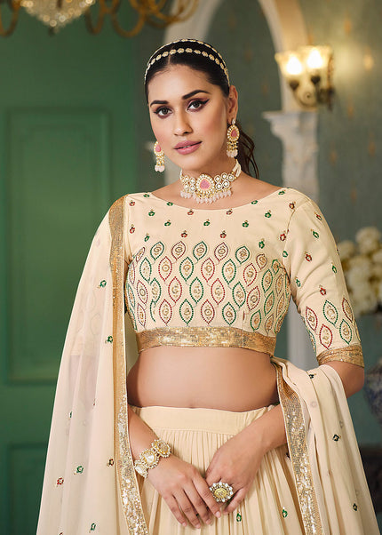 Cream and Gold Embroidered Lehenga