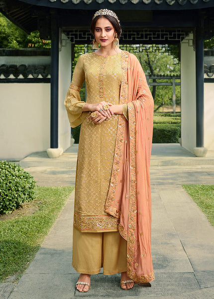 Beige and Peach Embroidered Palazzo Suit