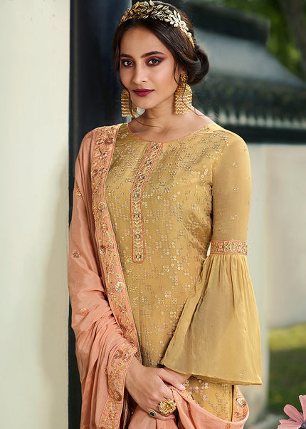 Beige and Peach Embroidered Palazzo Suit