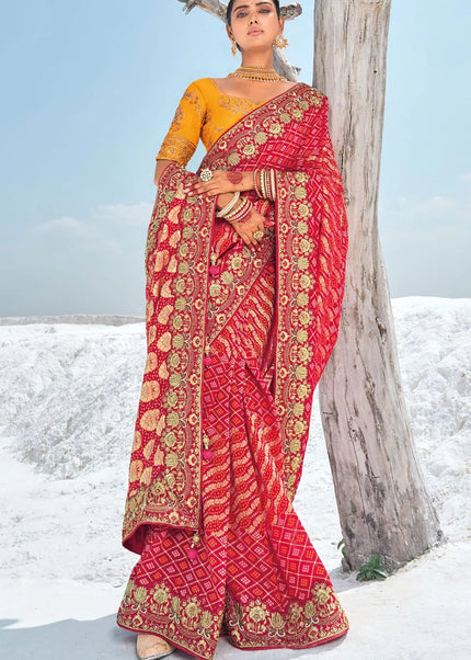 Red Embroidered Wedding/Festive Saree