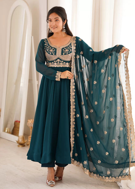 Teal Embroidered Anarkali