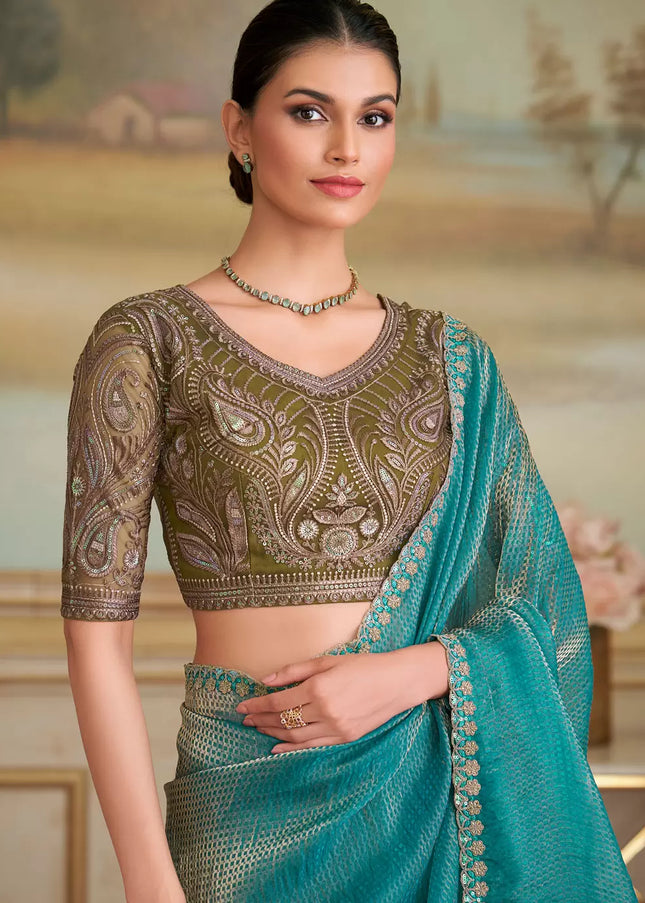 Teal Embroidered Saree