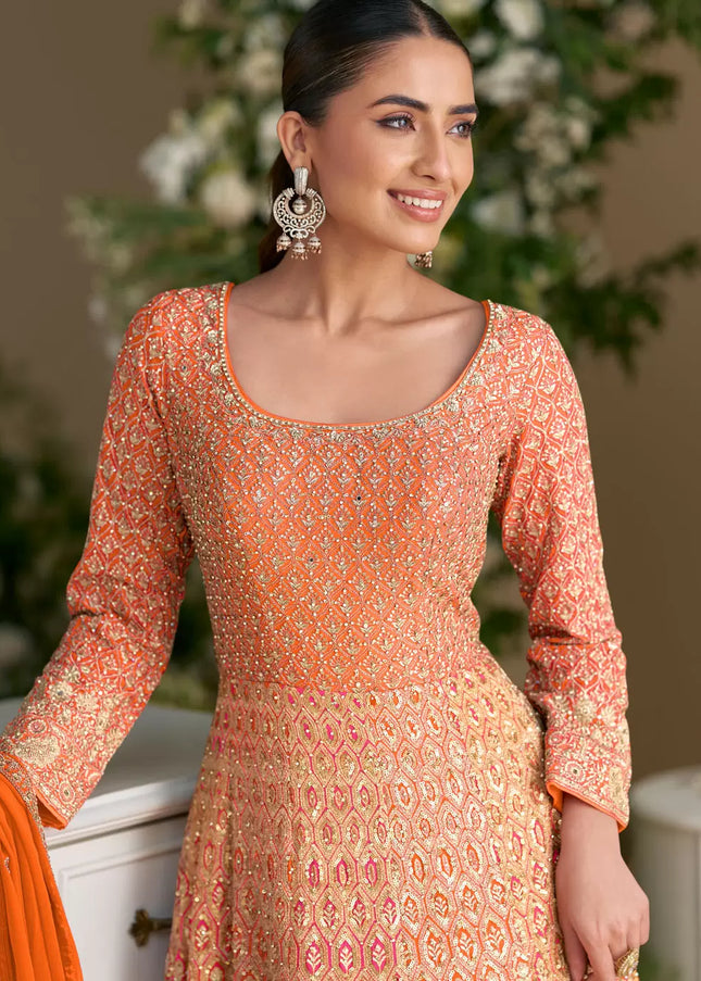 Orange and Pink Embroidered Anarkali Gown