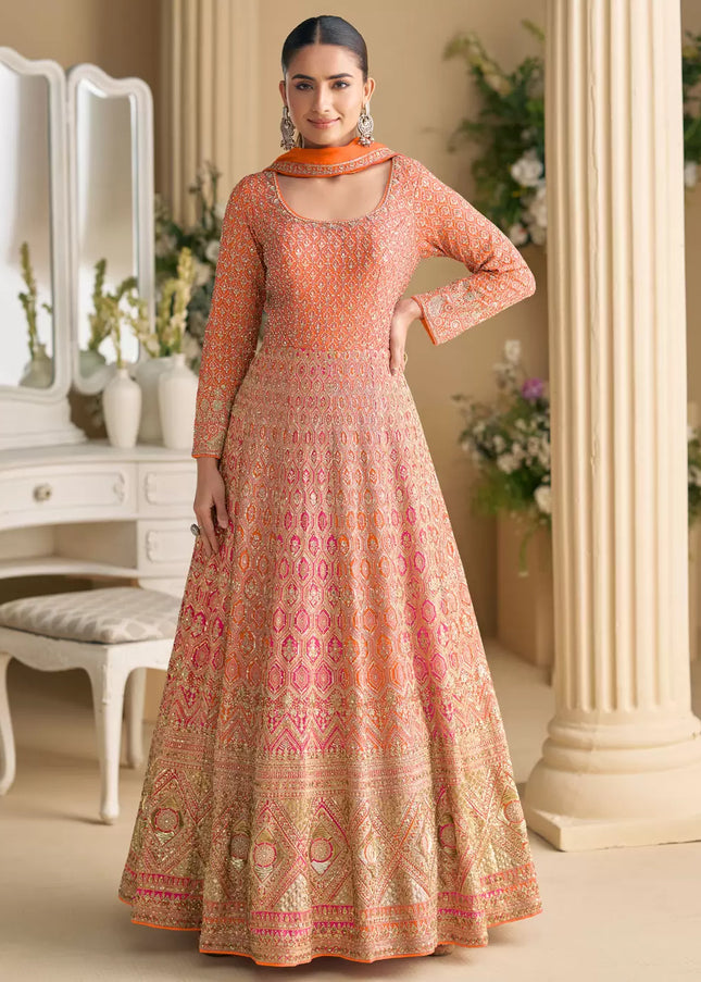 Orange and Pink Embroidered Anarkali Gown
