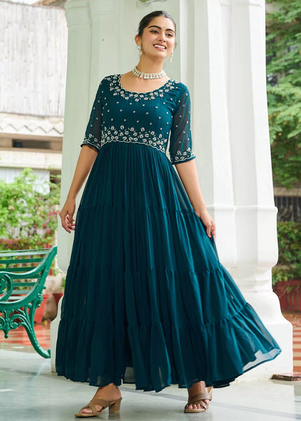 Teal Embroidered Anarkali Gown