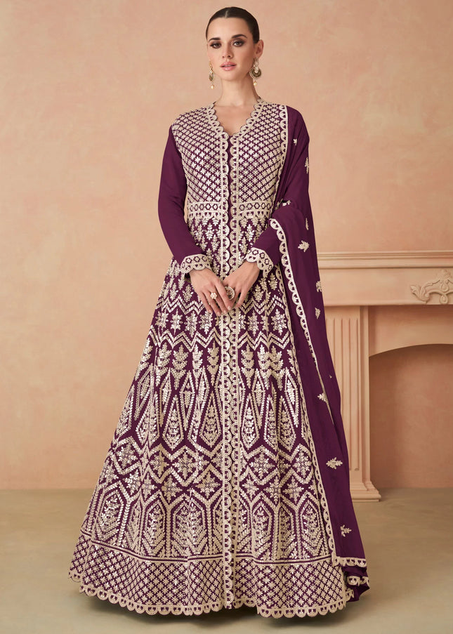 Purple Embroidered Anarkali Gown