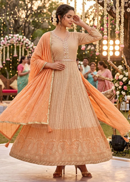 Peach Embroidered Anarkali Gown