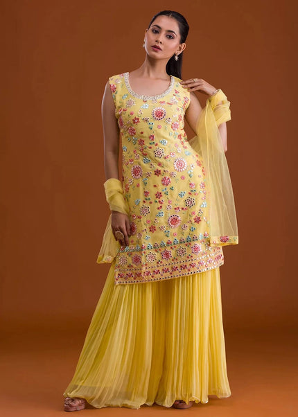 Yellow Embroidered Sharara Suit
