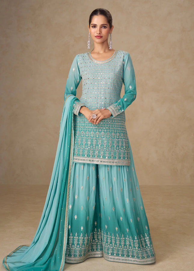 Sky Blue Embroidered Sharara Suit