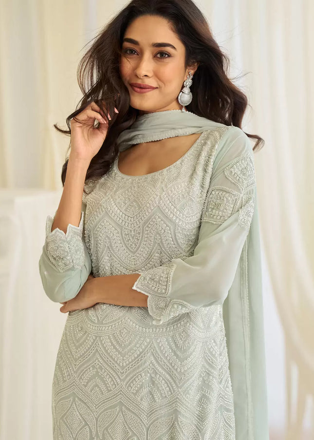 Sea Green Embroidered Pant Style Suit