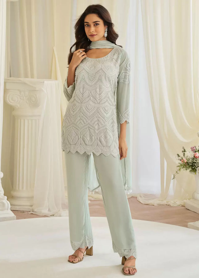 Sea Green Embroidered Pant Style Suit