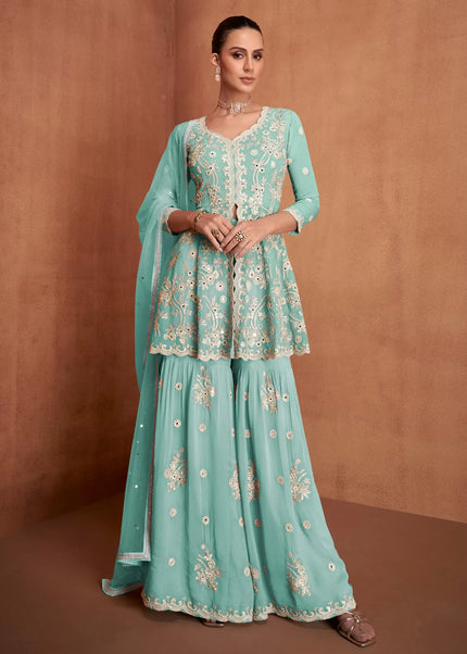 Sky Blue Embroidered Gharara Suit