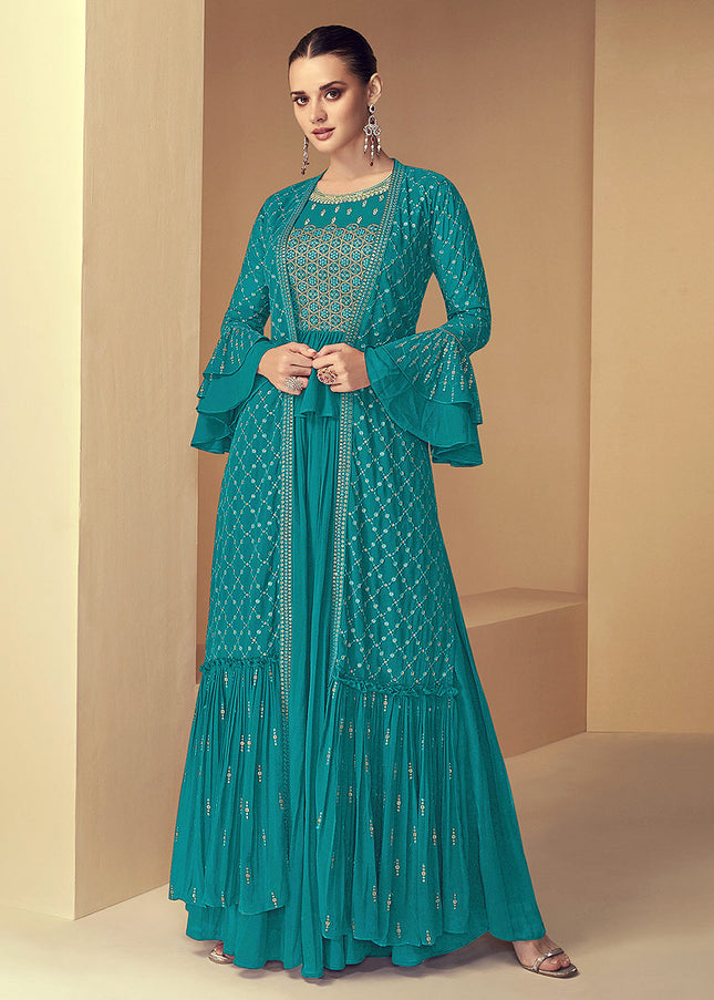 Sea Green and Gold Embroidered Jacket Style Suit