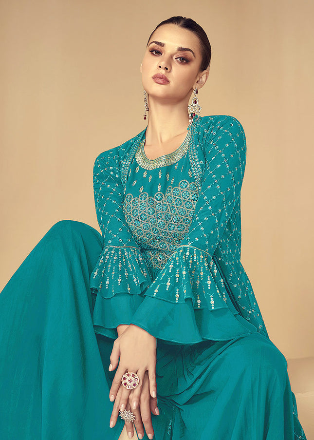 Sea Green and Gold Embroidered Jacket Style Suit