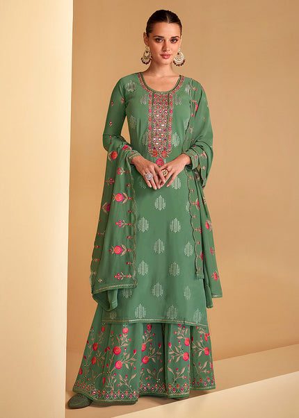 Green Floral Embroidered Palazzo Suit