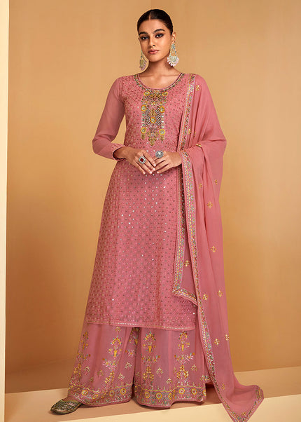 Pink Floral Embroidered Palazzo Suit