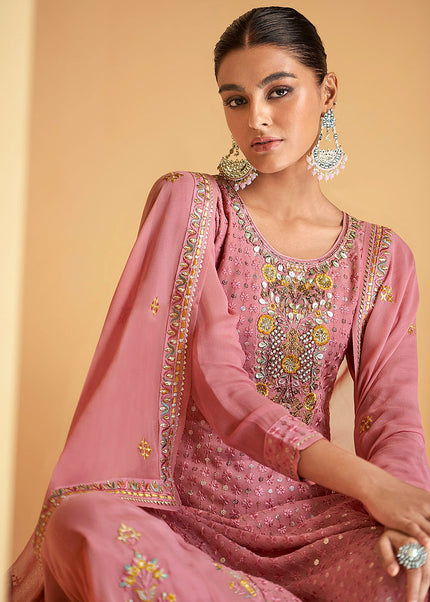 Pink Floral Embroidered Palazzo Suit