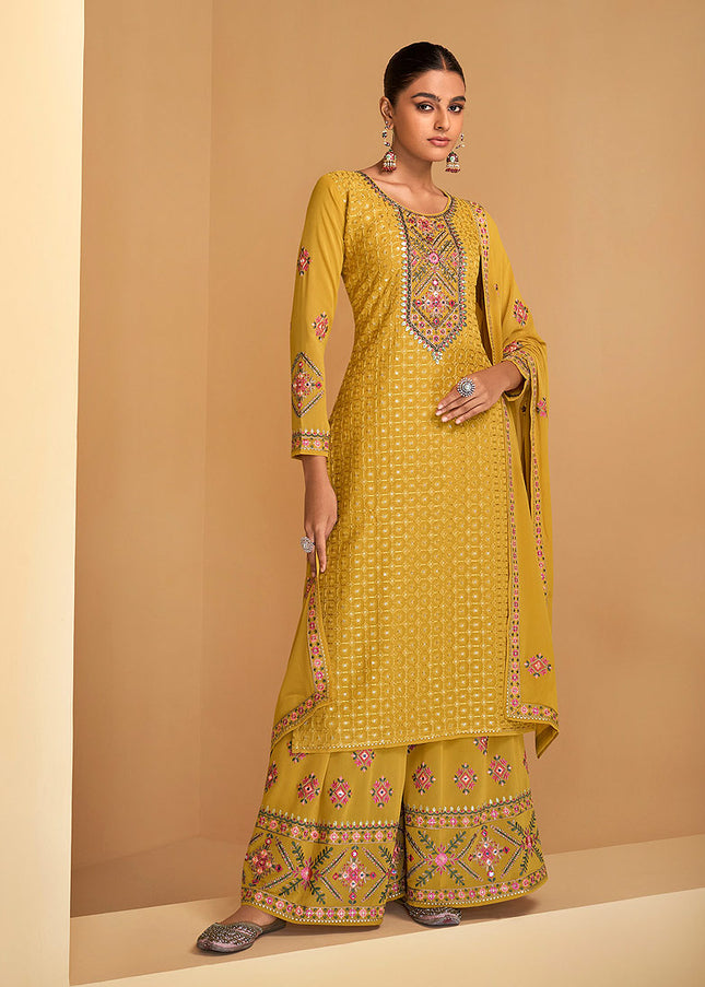 Yellow Floral Embroidered Palazzo Suit